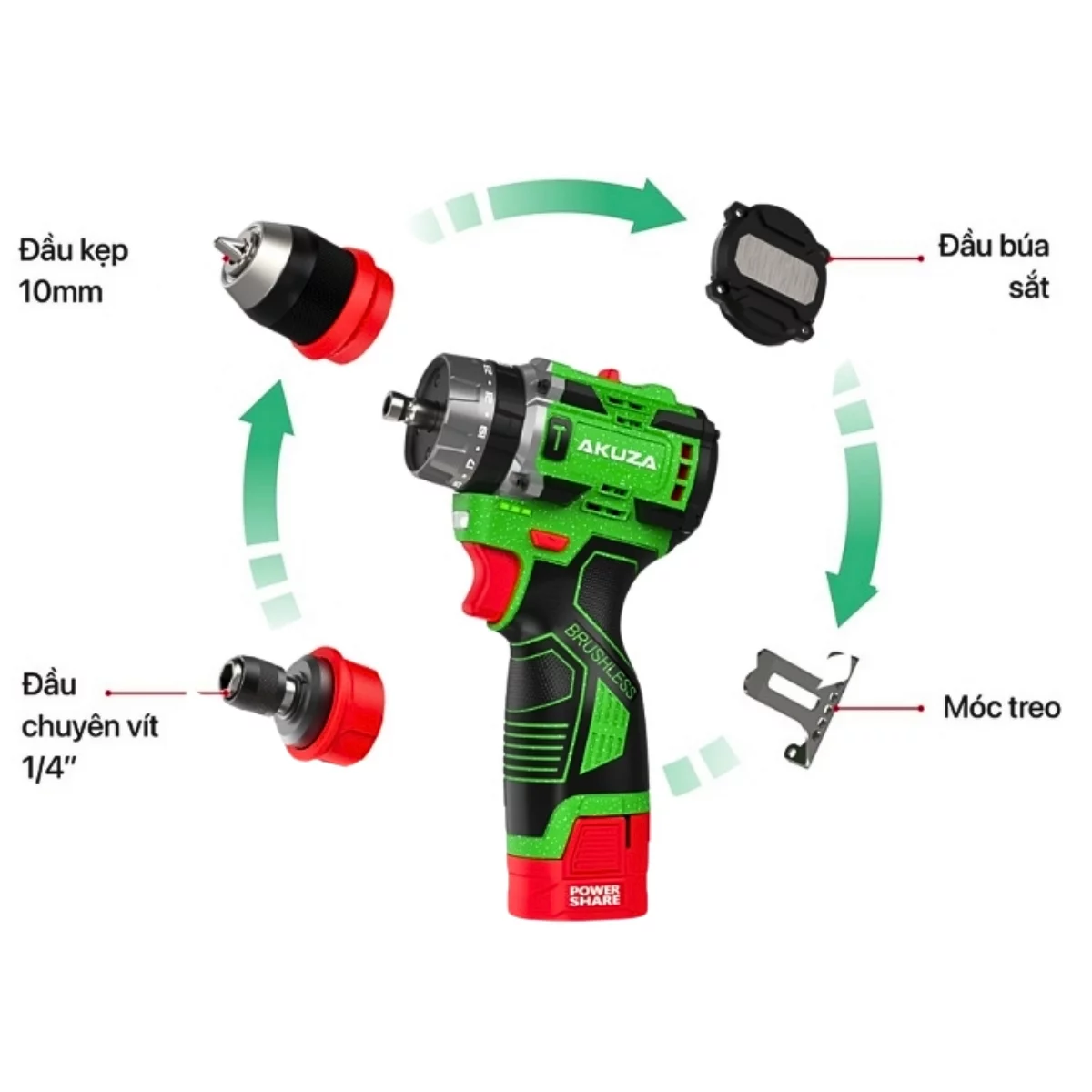 Máy khoan pin 3 chức năng Akuza đầu Autolock lực siết 60N